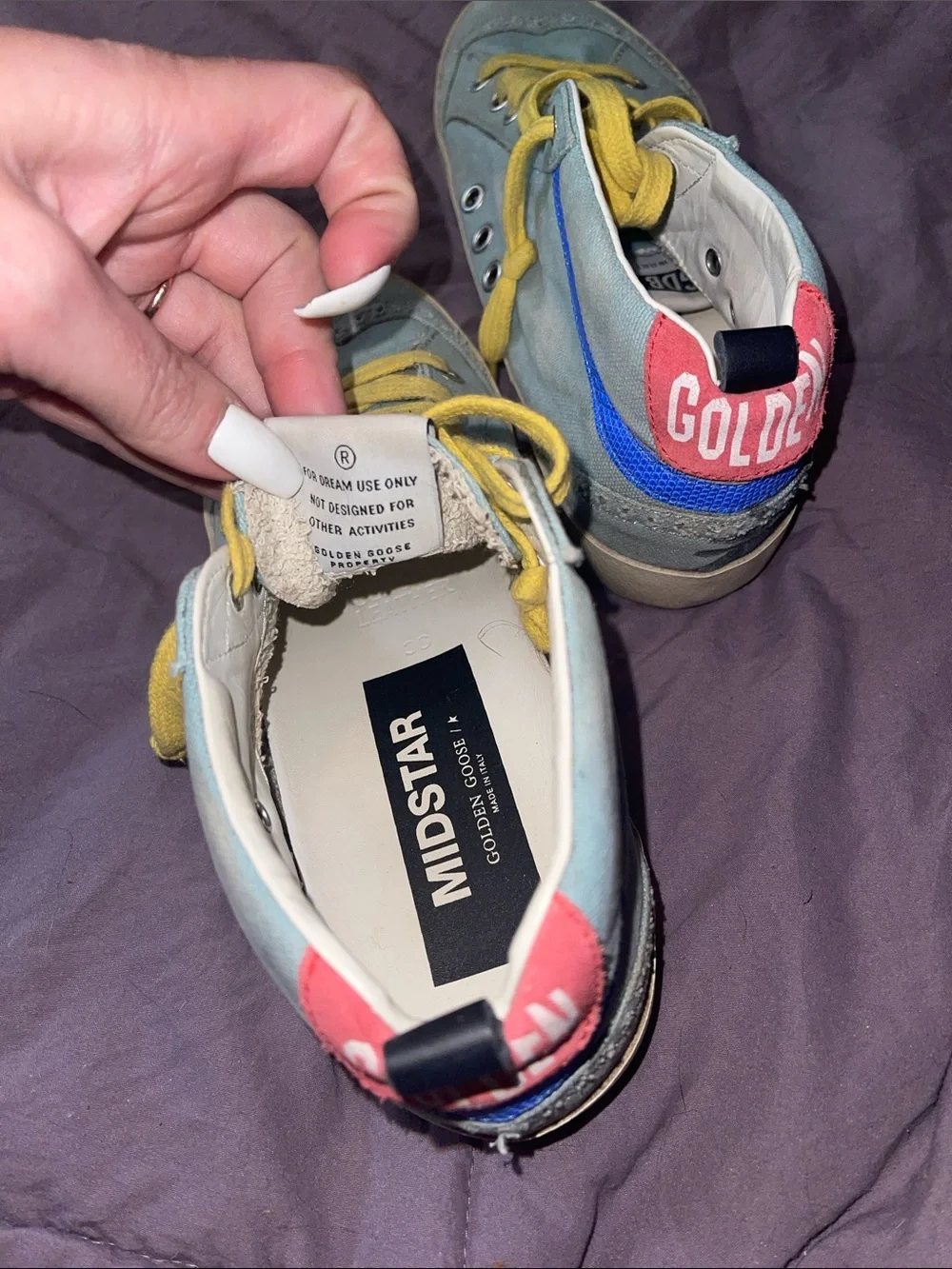 Golden Goose Light Blue Sneakers with Yellow Laces and Pink Heel Accents - Picture 6 of 6